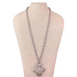 Trifari Womens Silver Tone Metal Cross Pendant Necklace  Chain Vintage Design